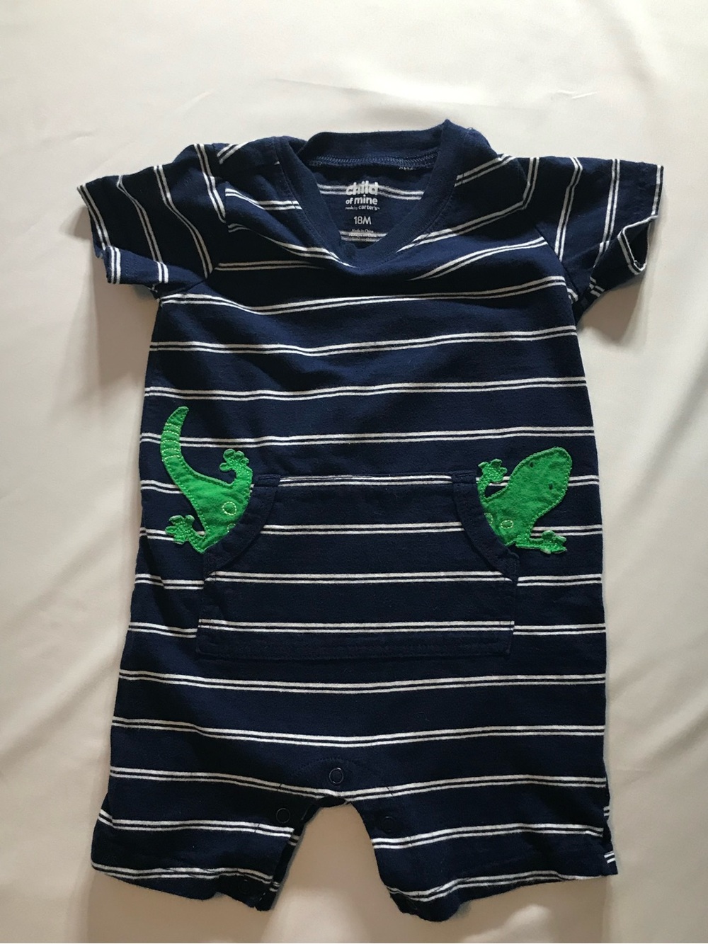 Carter's Navy and White Striped One-Piece with Green Dino Pockets